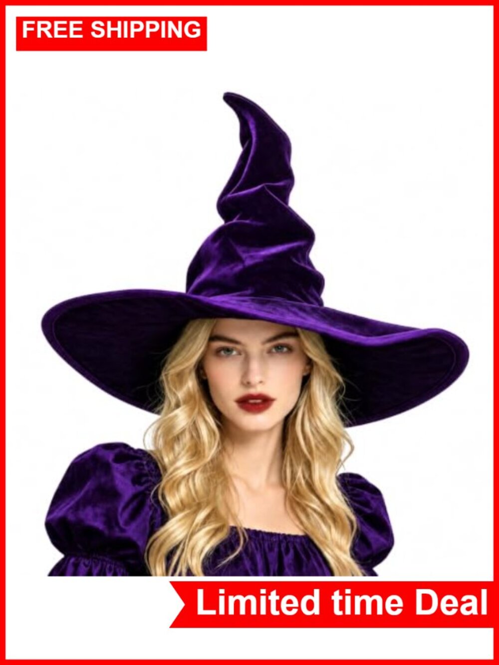 Velvet-Look Twisted Witch Hat Pointed Wizard Wide Brim Halloween Costume